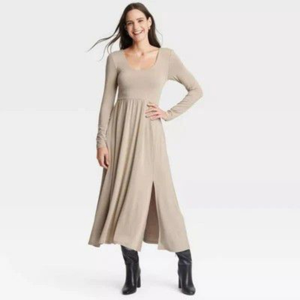 A New Day long-sleeve Ballet Style Maxi Dress Size S in Tan w/ Pockets! BNWT